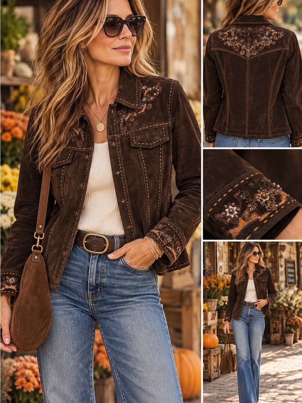 Coldwater Creek Brown Suede Leather Embellished Jacket PM